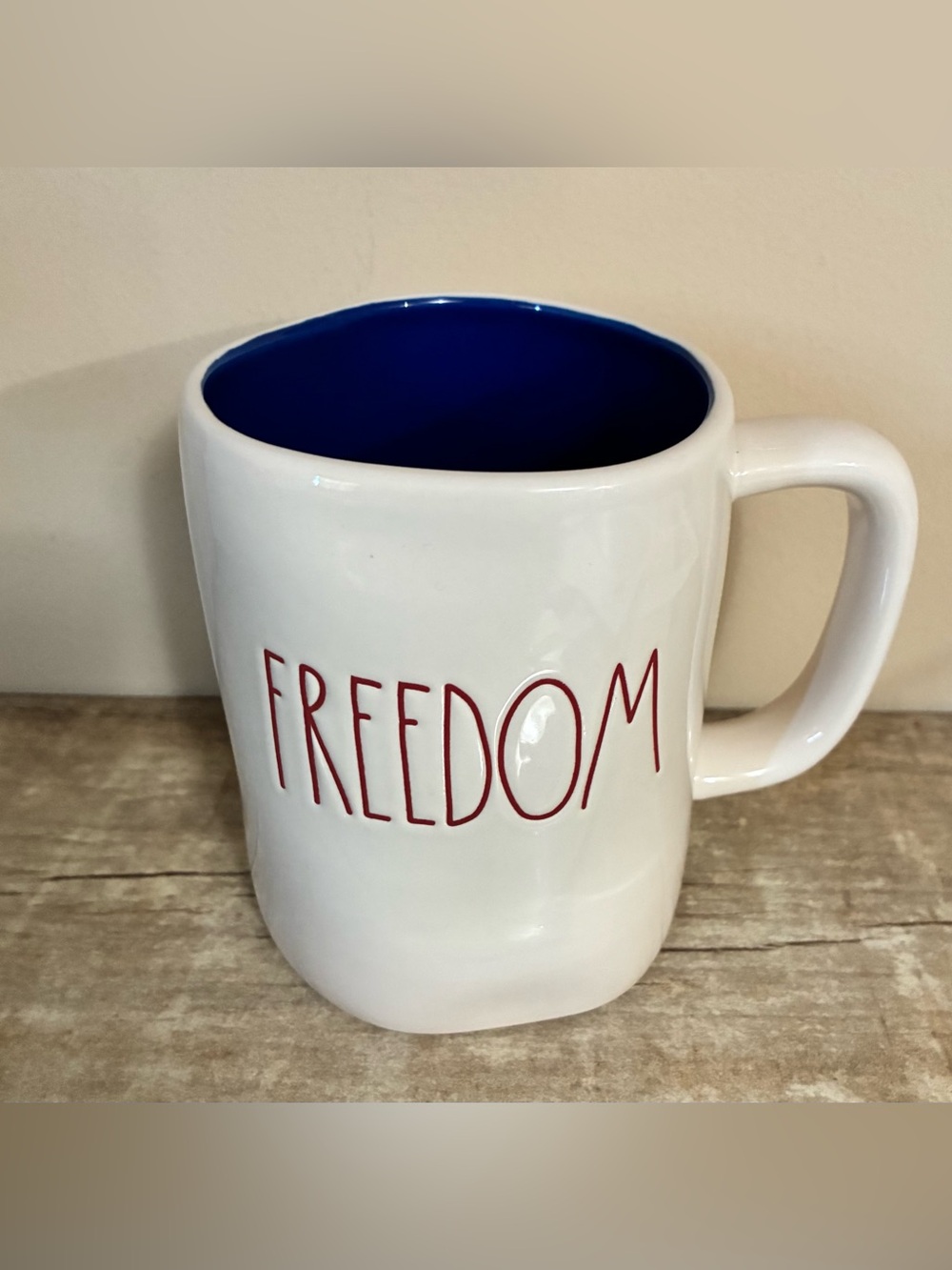 Rae Dunn Freedom Ceramic Coffee Mug - White with Blue Interior